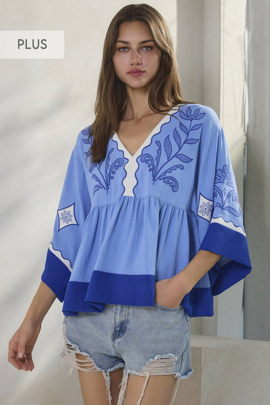 Plus Embroidered Plunge V Neck Top