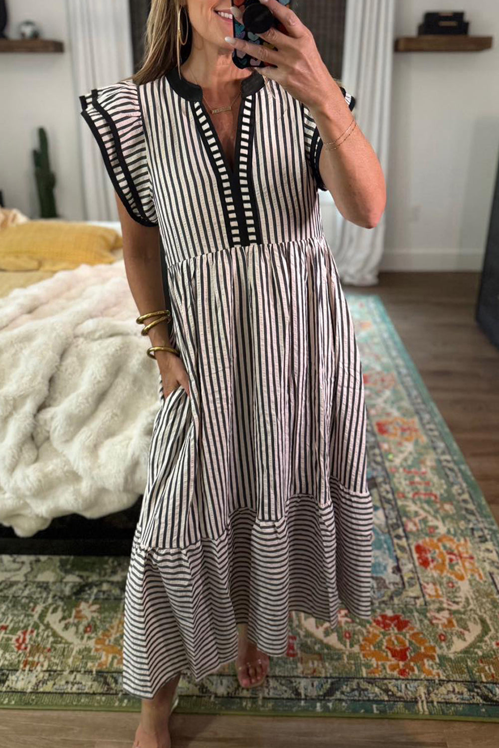 Green Stripe Double Ruffled Short Sleeve Contrast Trim V Neck Midi Dress