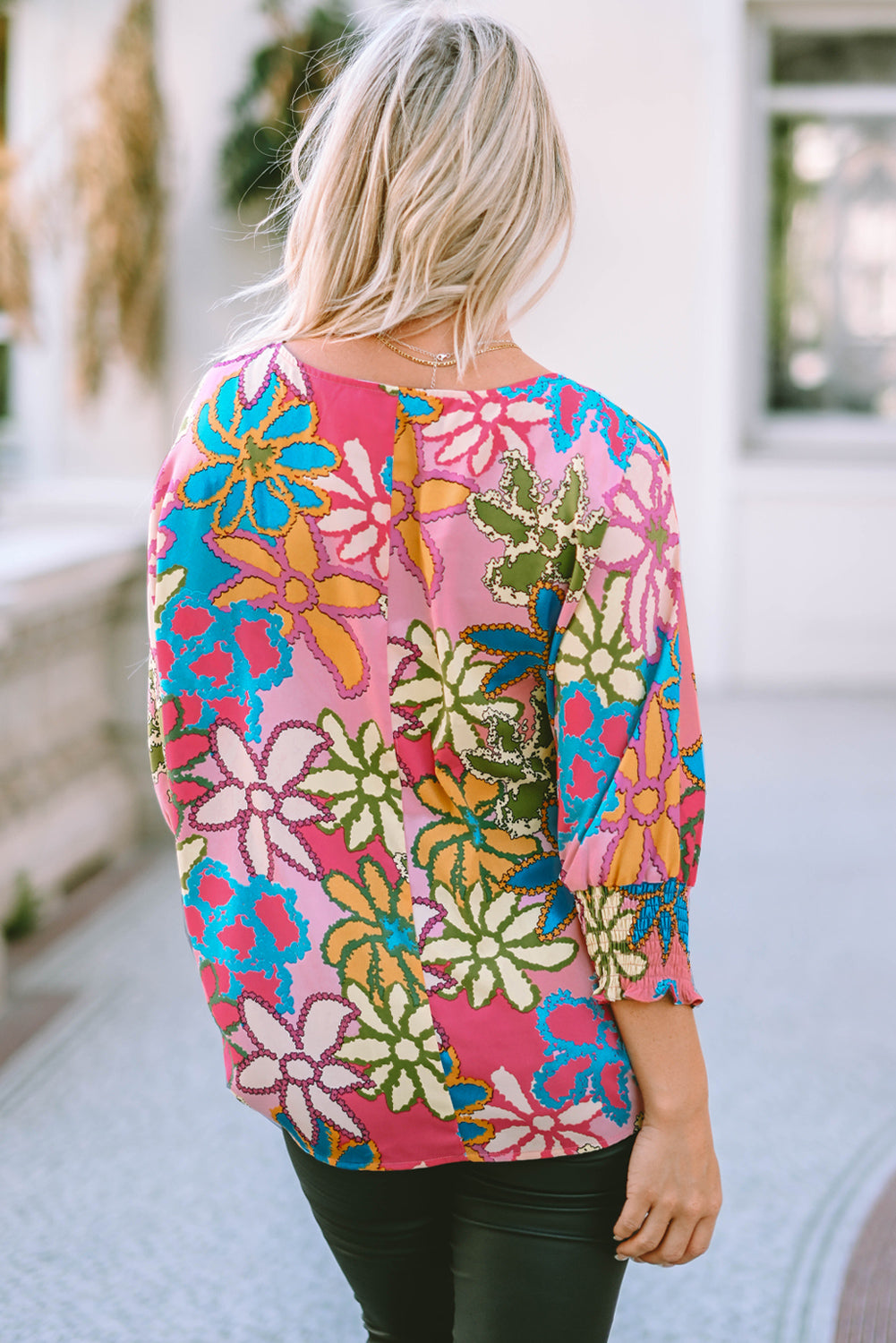 Multicolor Vibrant Floral Print Trimmed Ruffle Sleeve Blouse