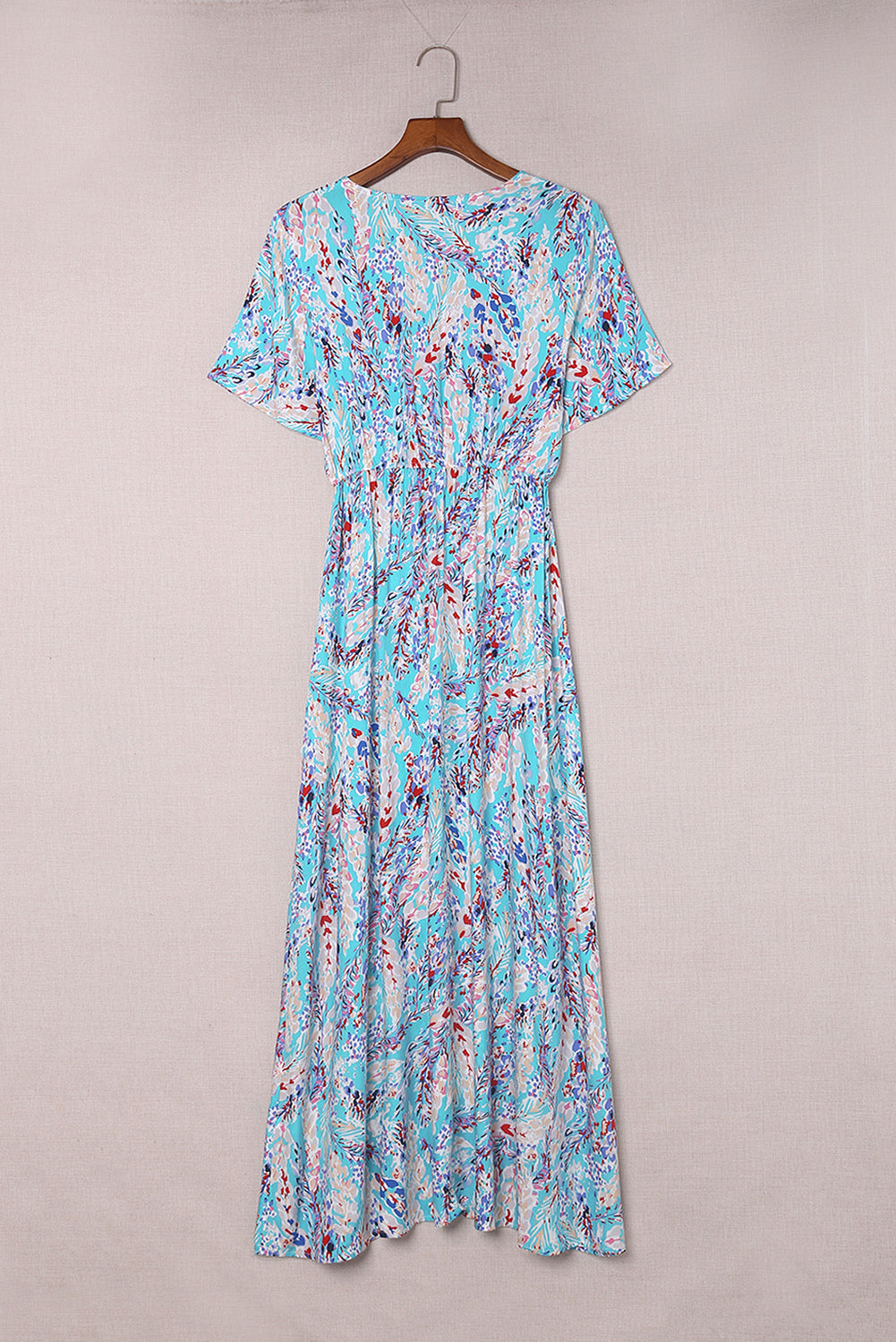 Rose Boho Abstract Print Wrap V Neck Short Sleeve Maxi Dress
