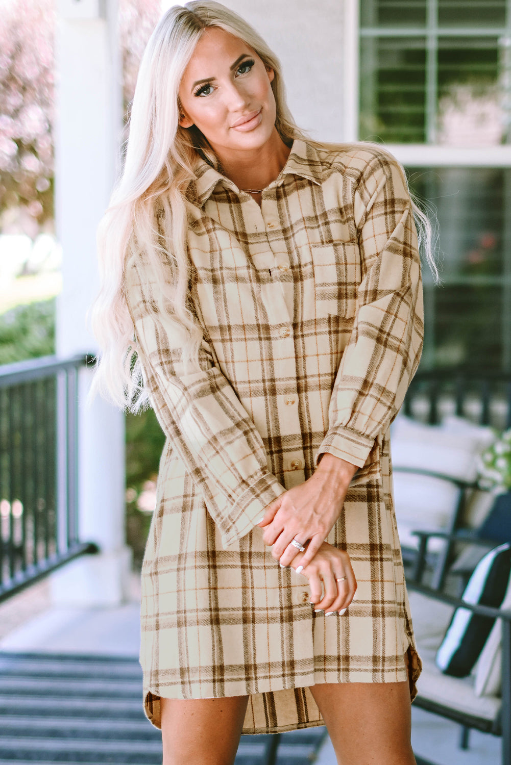 Khaki Plaid Pattern Collared Neck Ruffled Sleeve Shirt Dress