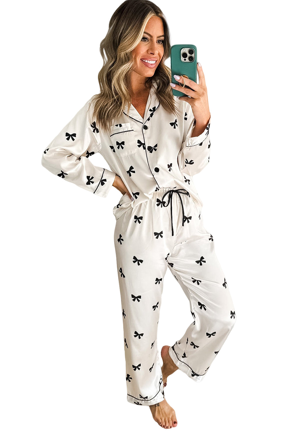 White Bows Print Drawstring Two Piece Pajama Set