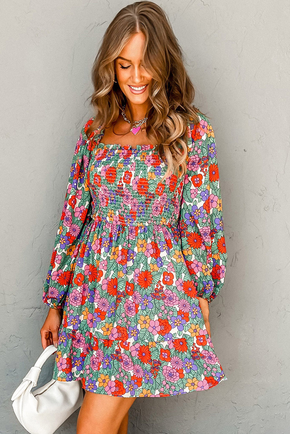 Multicolour Floral Smocked Bust Square Neck Ruffled Dress