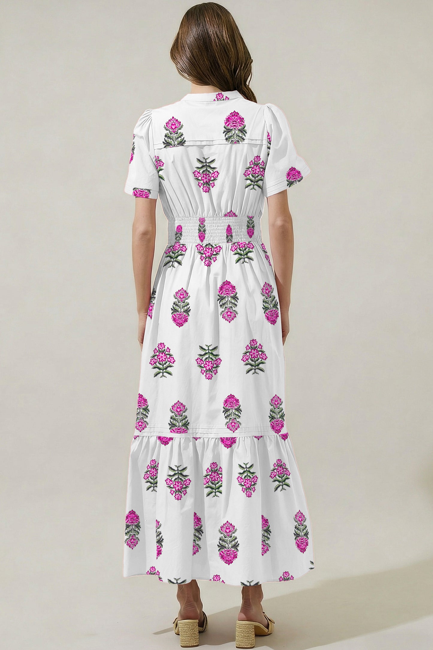 Green Floral Print Split Neck Shirred High Waist Ruffle Hem Maxi Dress