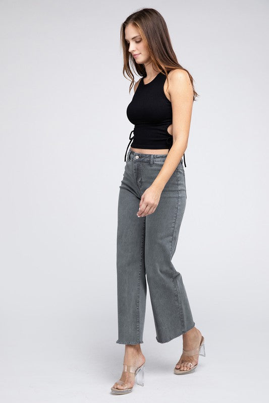 Acid Wash Frayed Cutoff Hem Straight Wide Pants Zenana