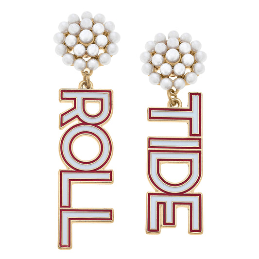 Alabama Roll Tide Enamel Pearl Cluster Drop Earrings