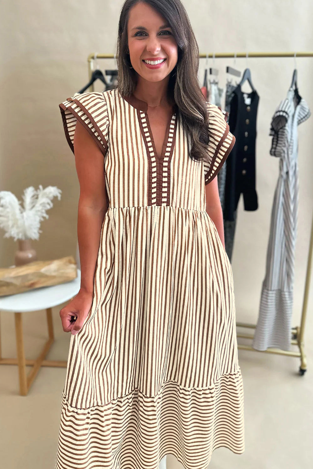 Green Stripe Double Ruffled Short Sleeve Contrast Trim V Neck Midi Dress