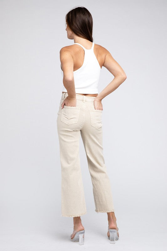 Acid Wash Frayed Cutoff Hem Straight Wide Pants Zenana