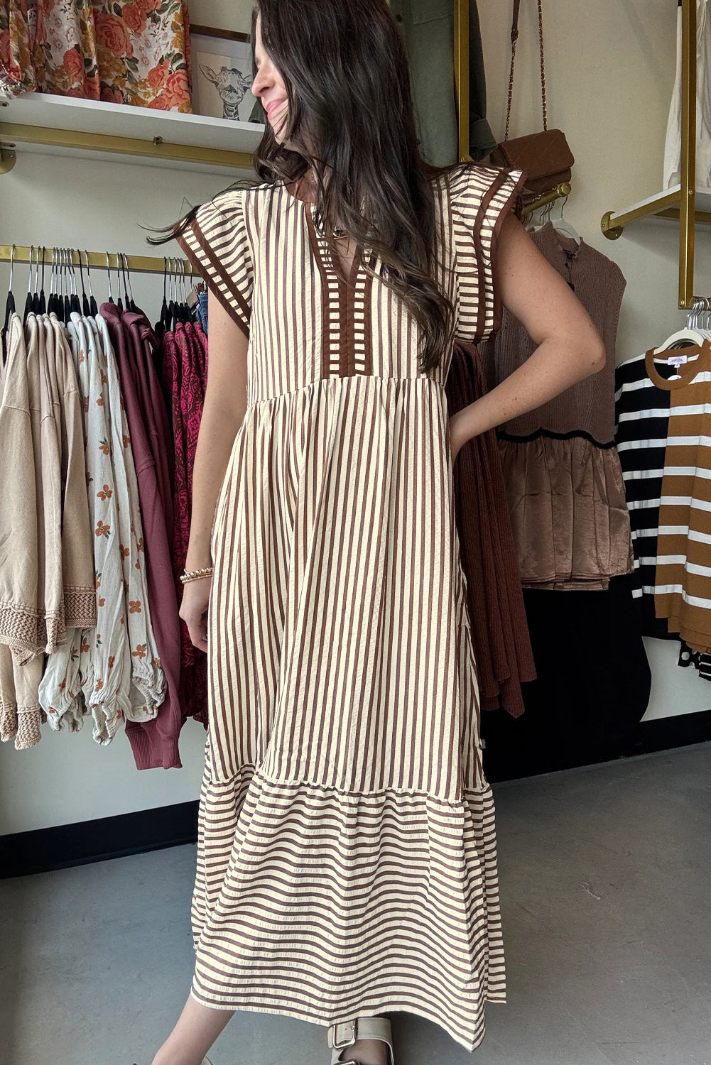 Green Stripe Double Ruffled Short Sleeve Contrast Trim V Neck Midi Dress