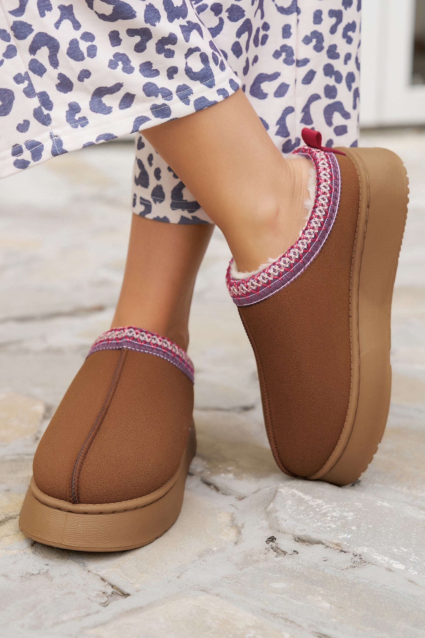 Chestnut Suede Contrast Print Plush Lined Snow Boots