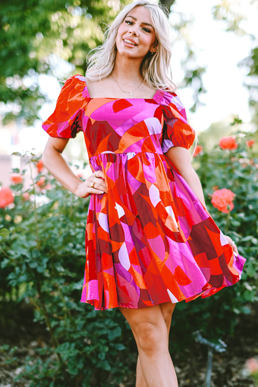 Red Abstract Print Square Neck Puff Sleeve Dress