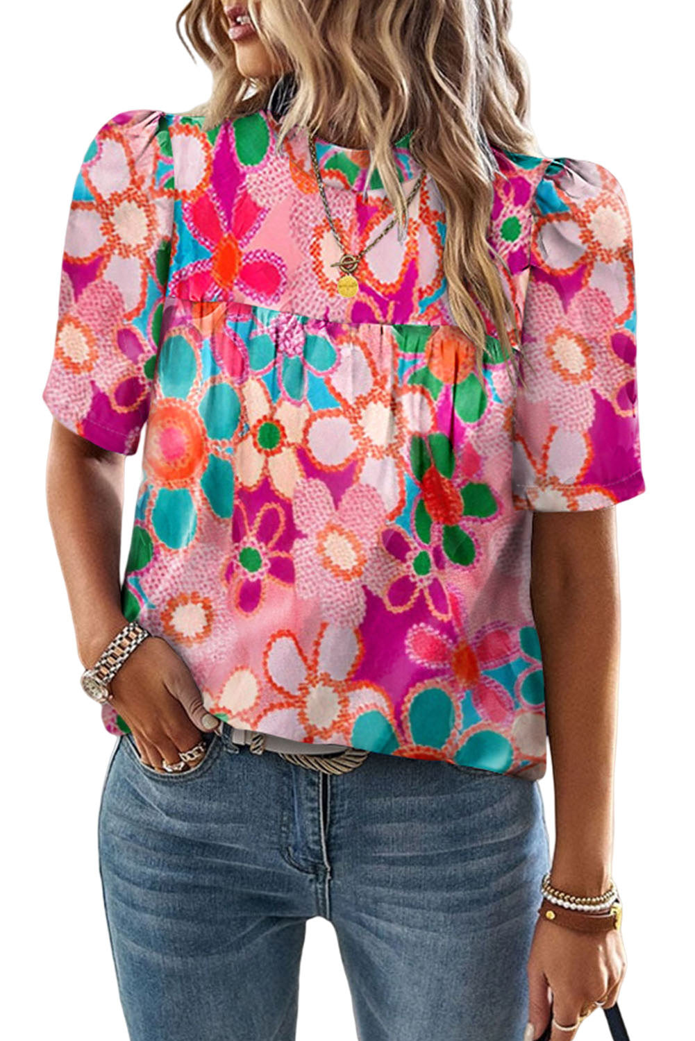 Purple Floral Print Crew Neck Short Sleeve Blouse