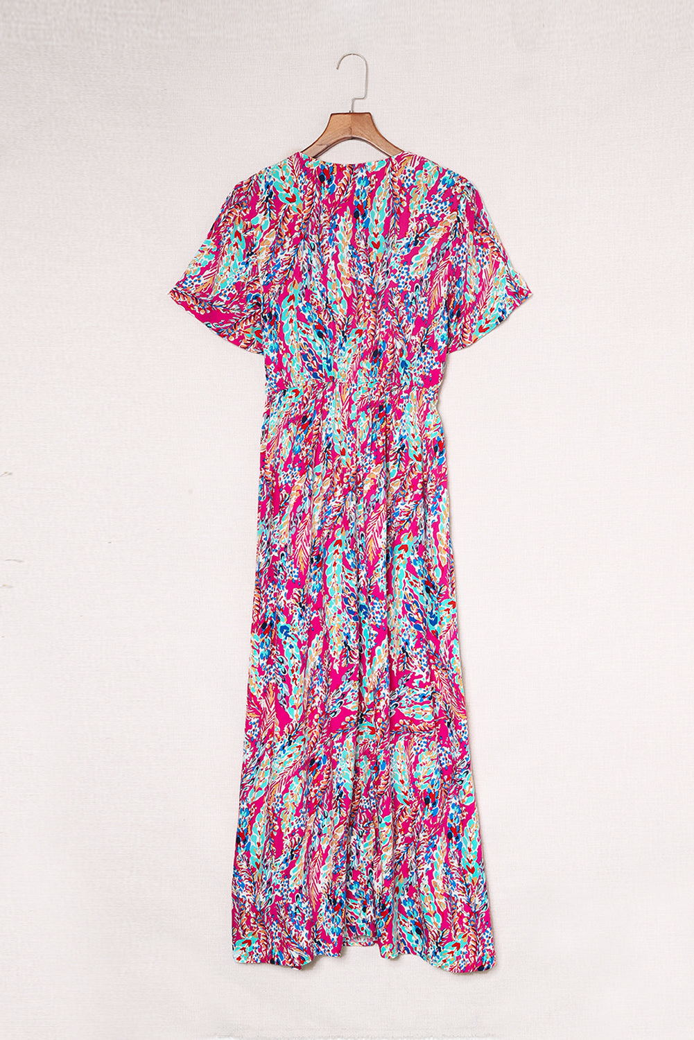 Rose Boho Abstract Print Wrap V Neck Short Sleeve Maxi Dress