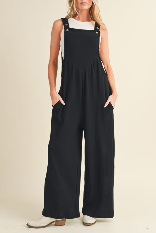 Black Textured Adjustable Straps Ruched Wide Leg Jumpsuit