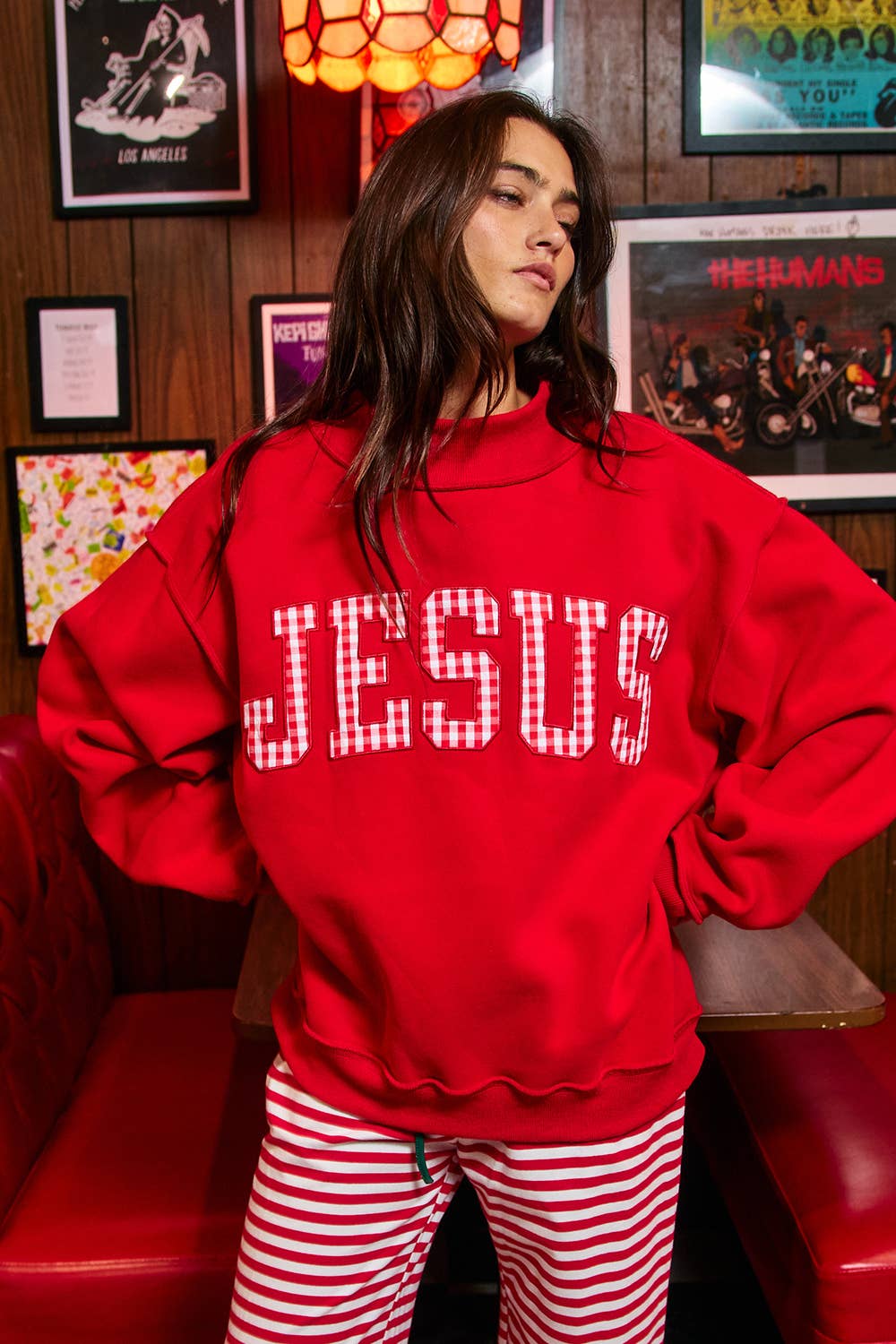 IT2594E-JESUSWT | Gingham Applique Mock-Neck Sweatshirt