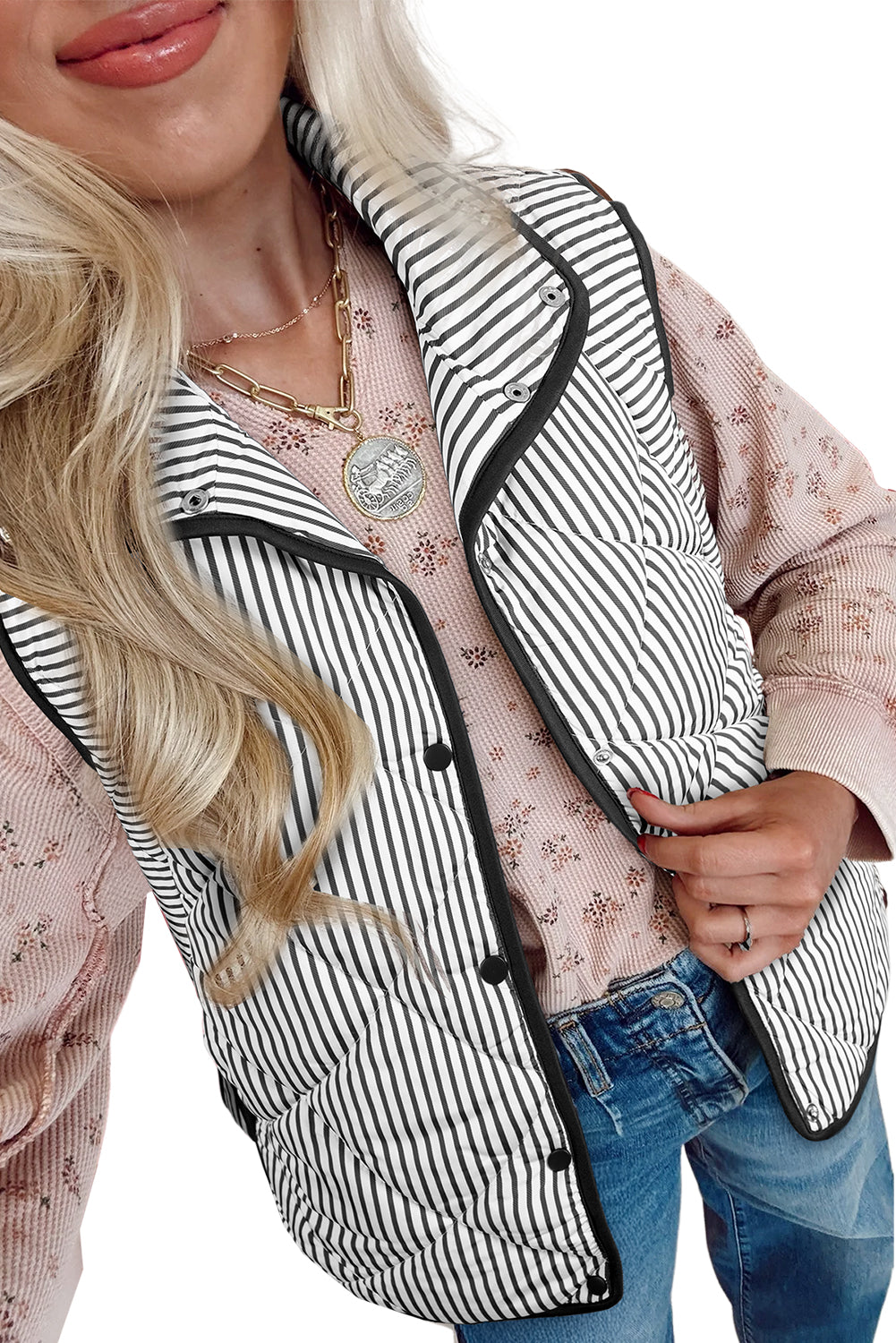 Black Striped Snap Button Scalloped Hem Winter Vest