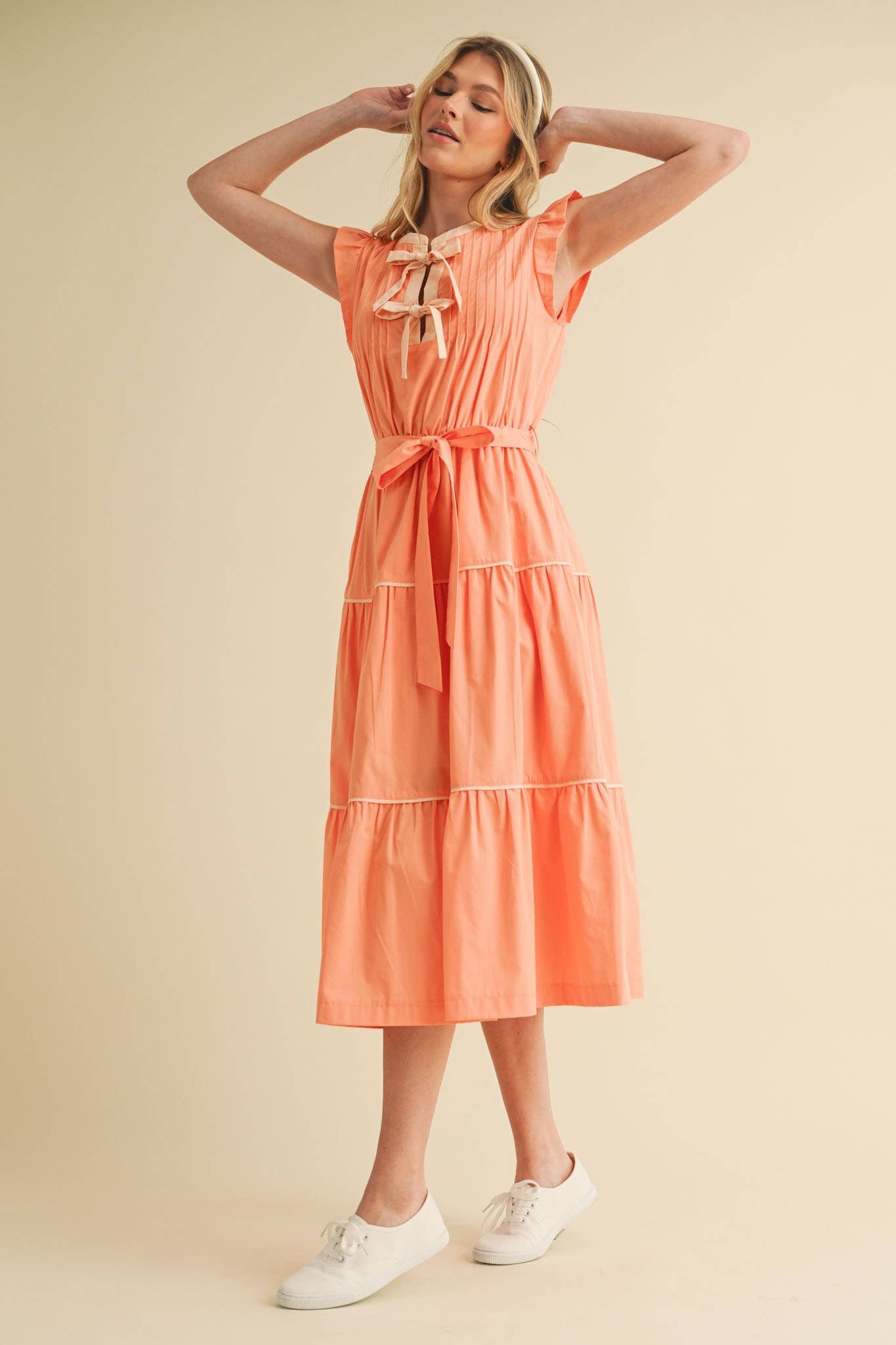 PIN TUCK AND BOW DETAIL TIERED MIDI DRESS