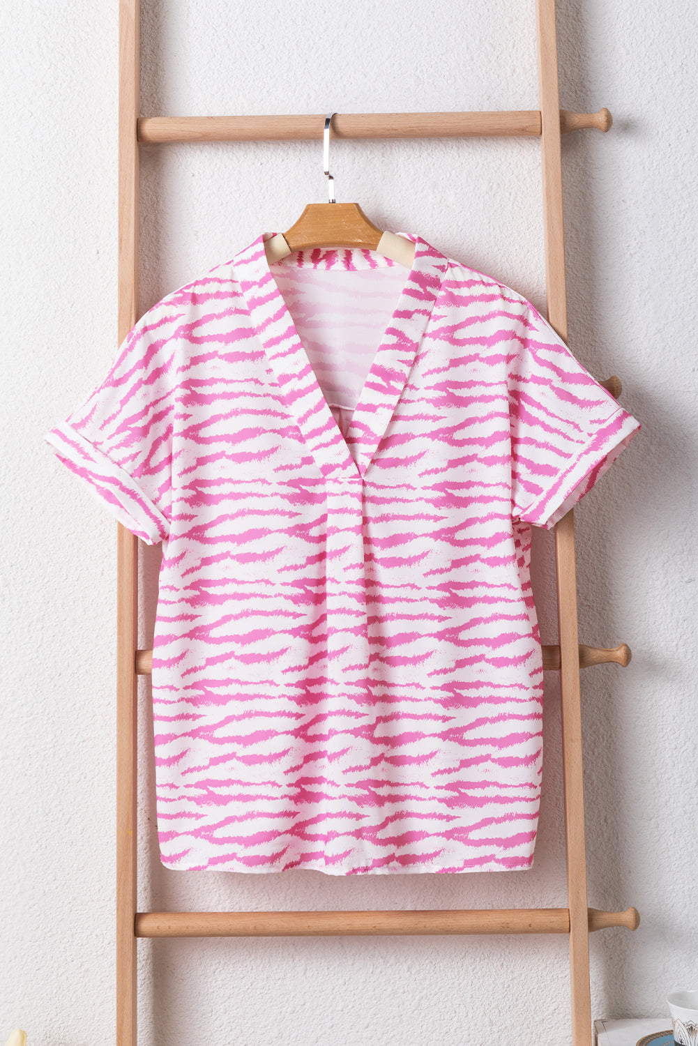 Rose Zebra Striped V-Neck Rolled-up Sleeve Blouse