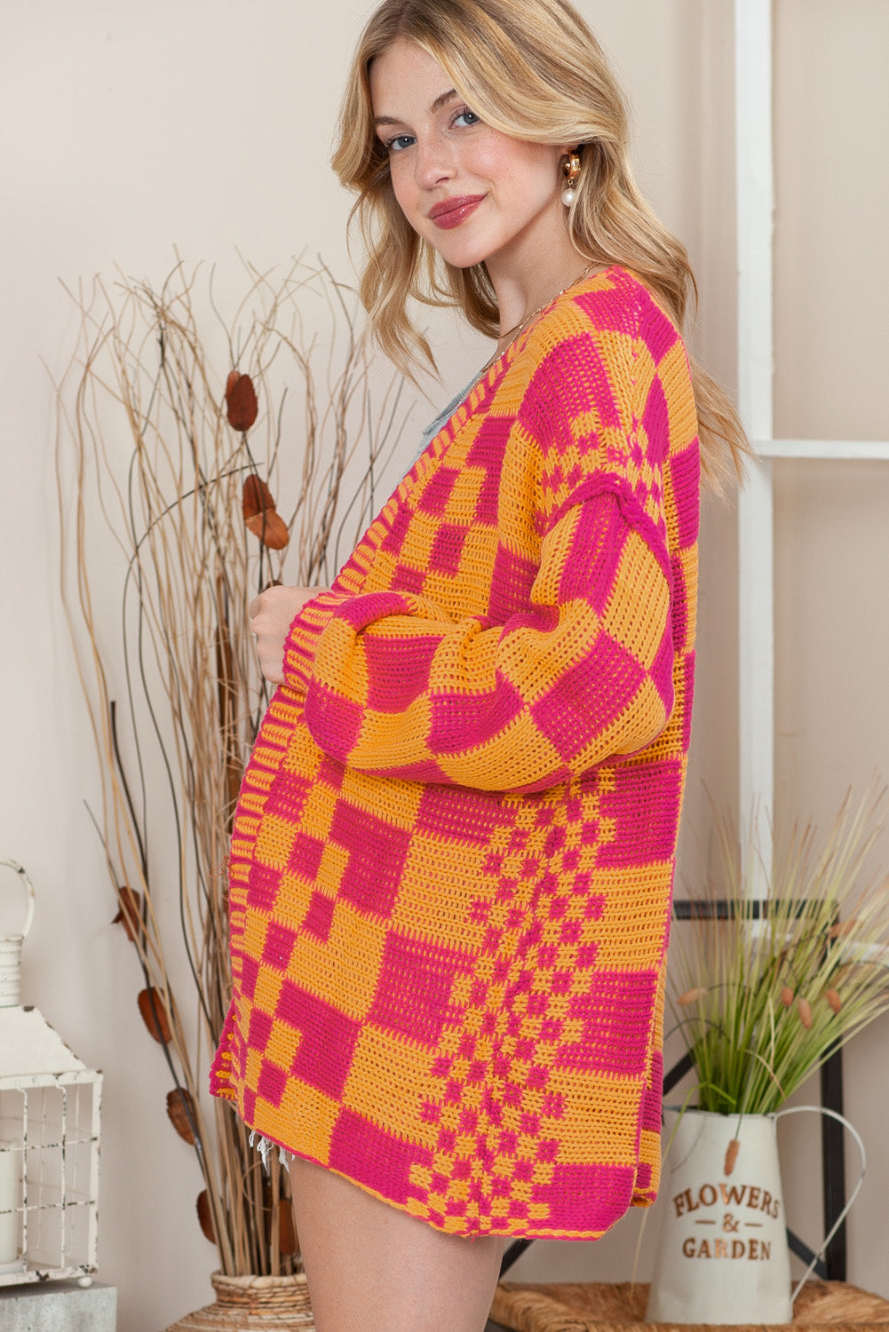 Orchid Petal Colorblock Checked Open Front Knitted Cardigan