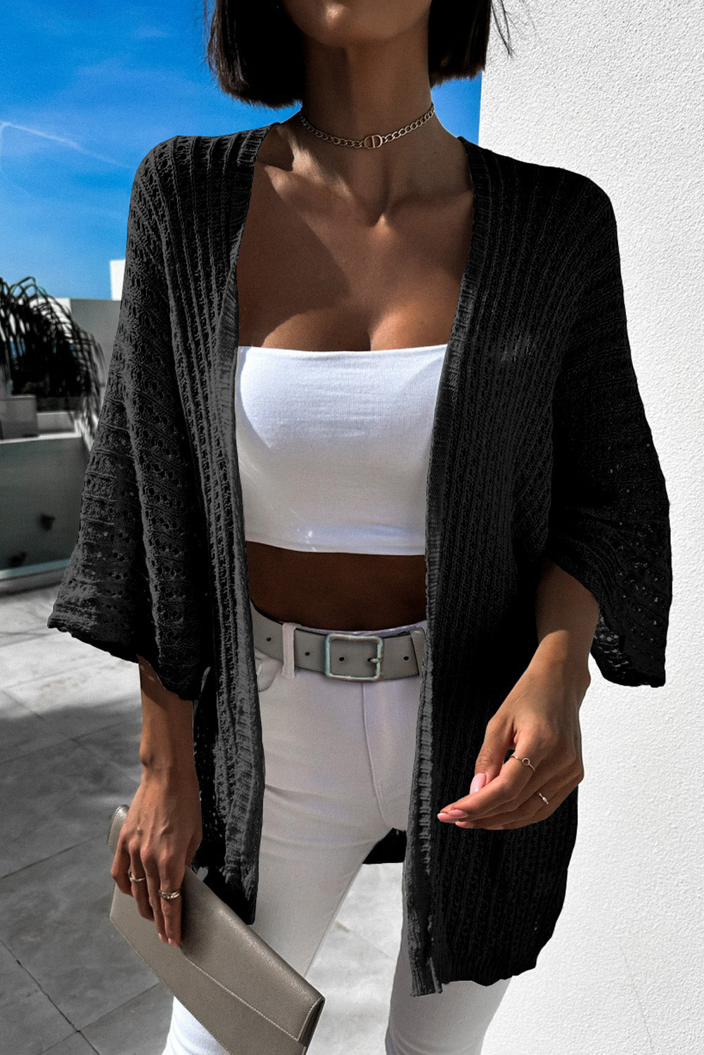 Rose Hollow-out Knit Kimono Lightweight Cardigan