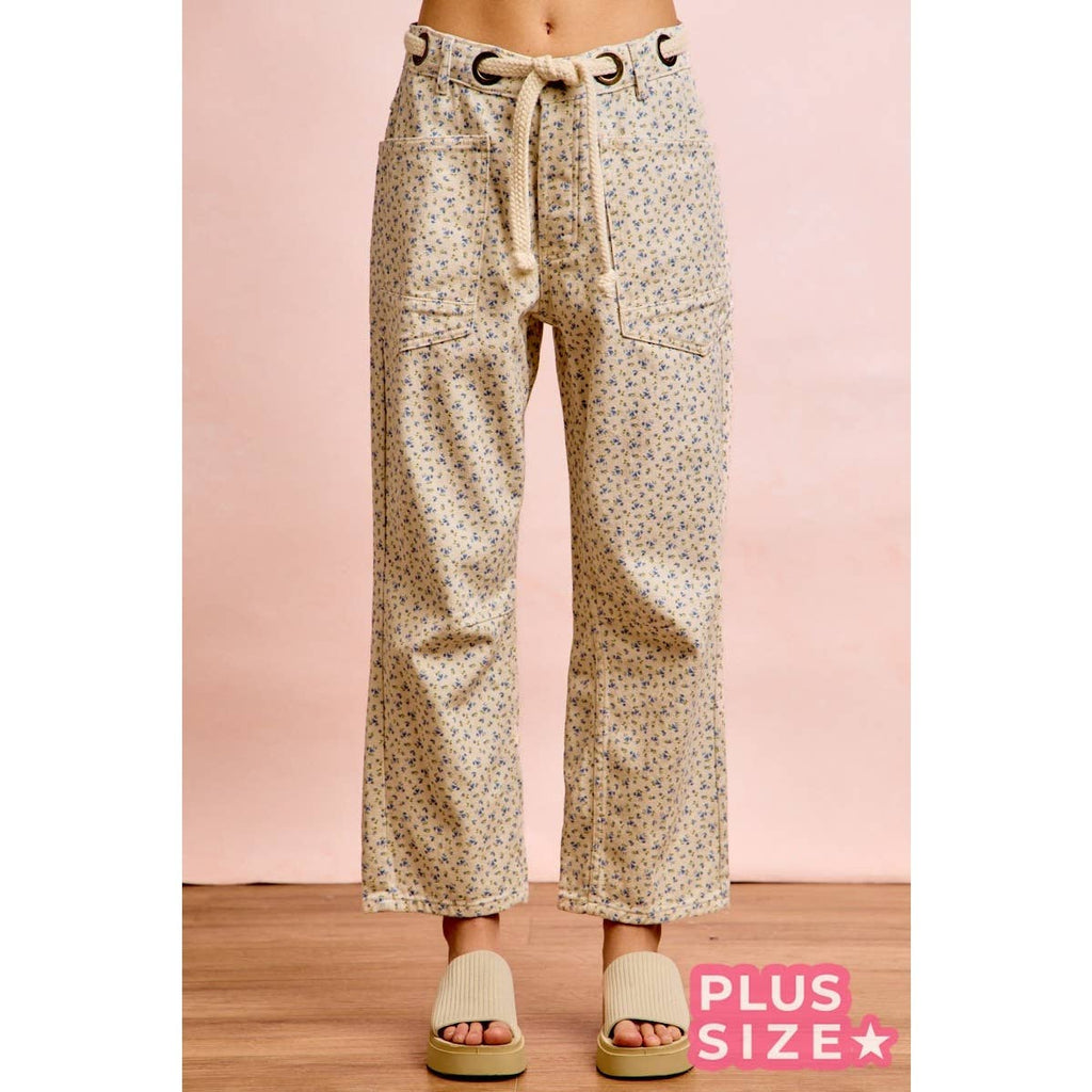 PLUS BRAIDED WAIST BELT PATCH POCKETS FLORAL PRINT PANT