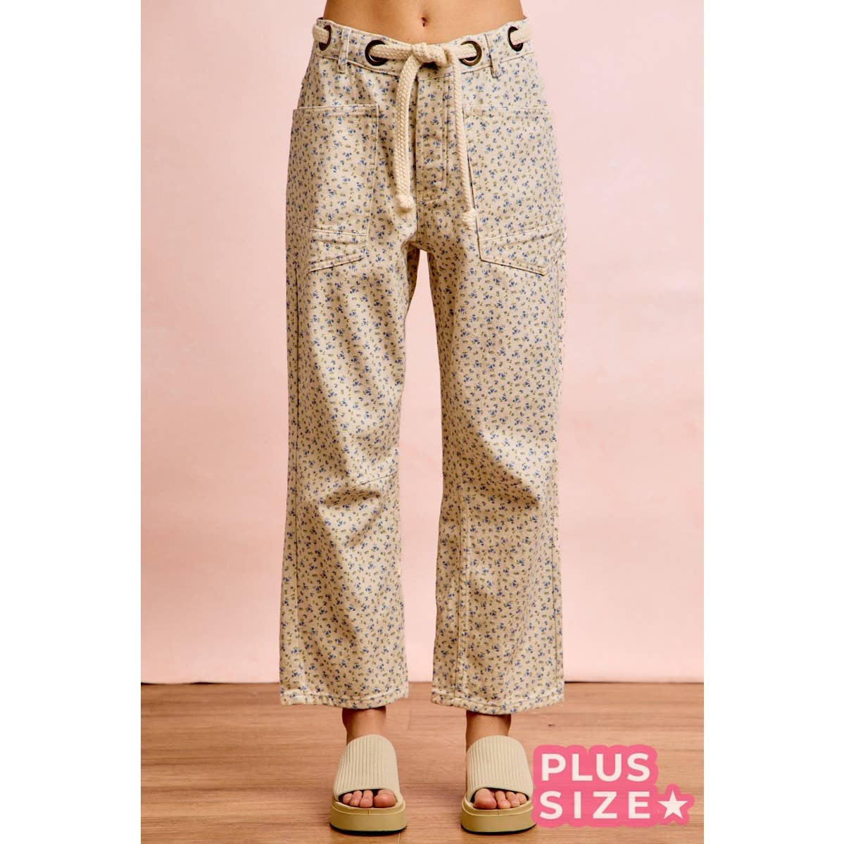 PLUS BRAIDED WAIST BELT PATCH POCKETS FLORAL PRINT PANT