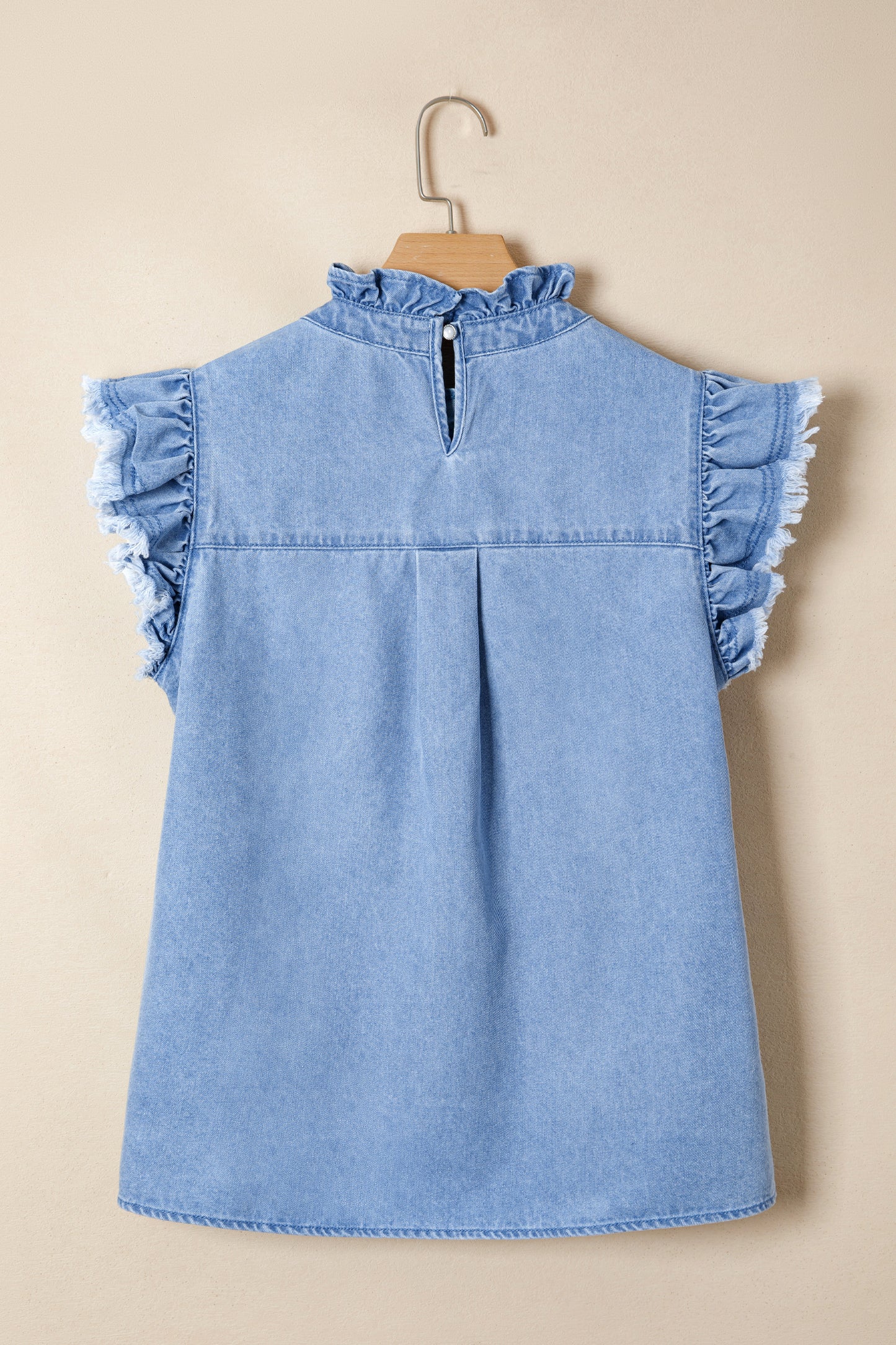 Blue Frilled Collar Flutter Sleeve Denim Top