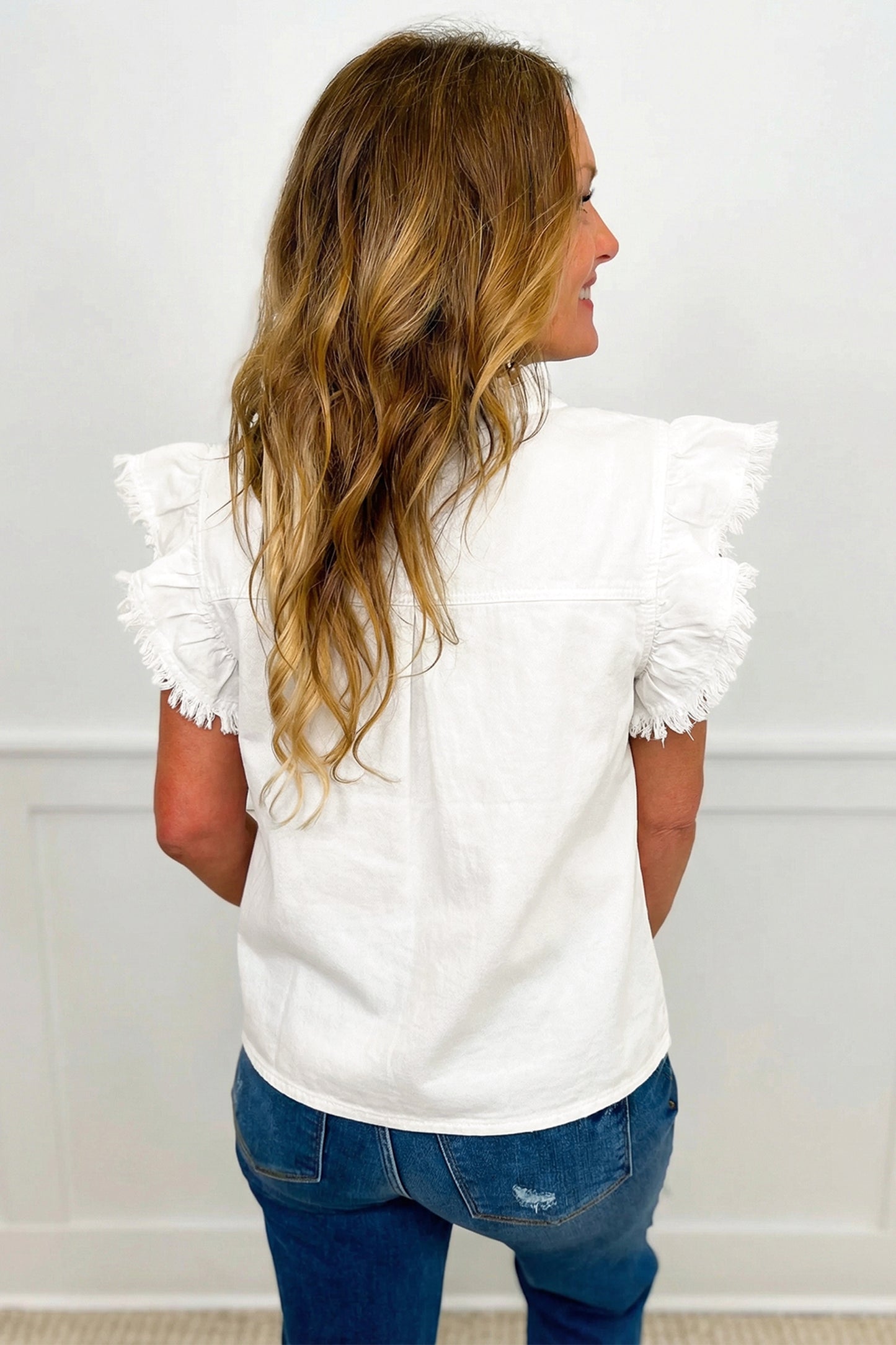 Blue Frilled Collar Flutter Sleeve Denim Top