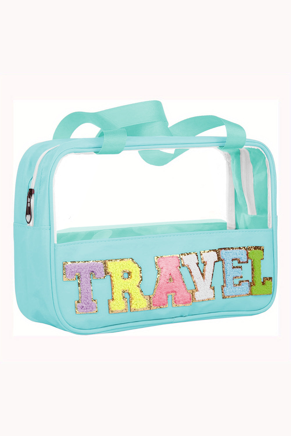 Purple TRAVEL Chenille Letter Clear PVC Makeup Bag