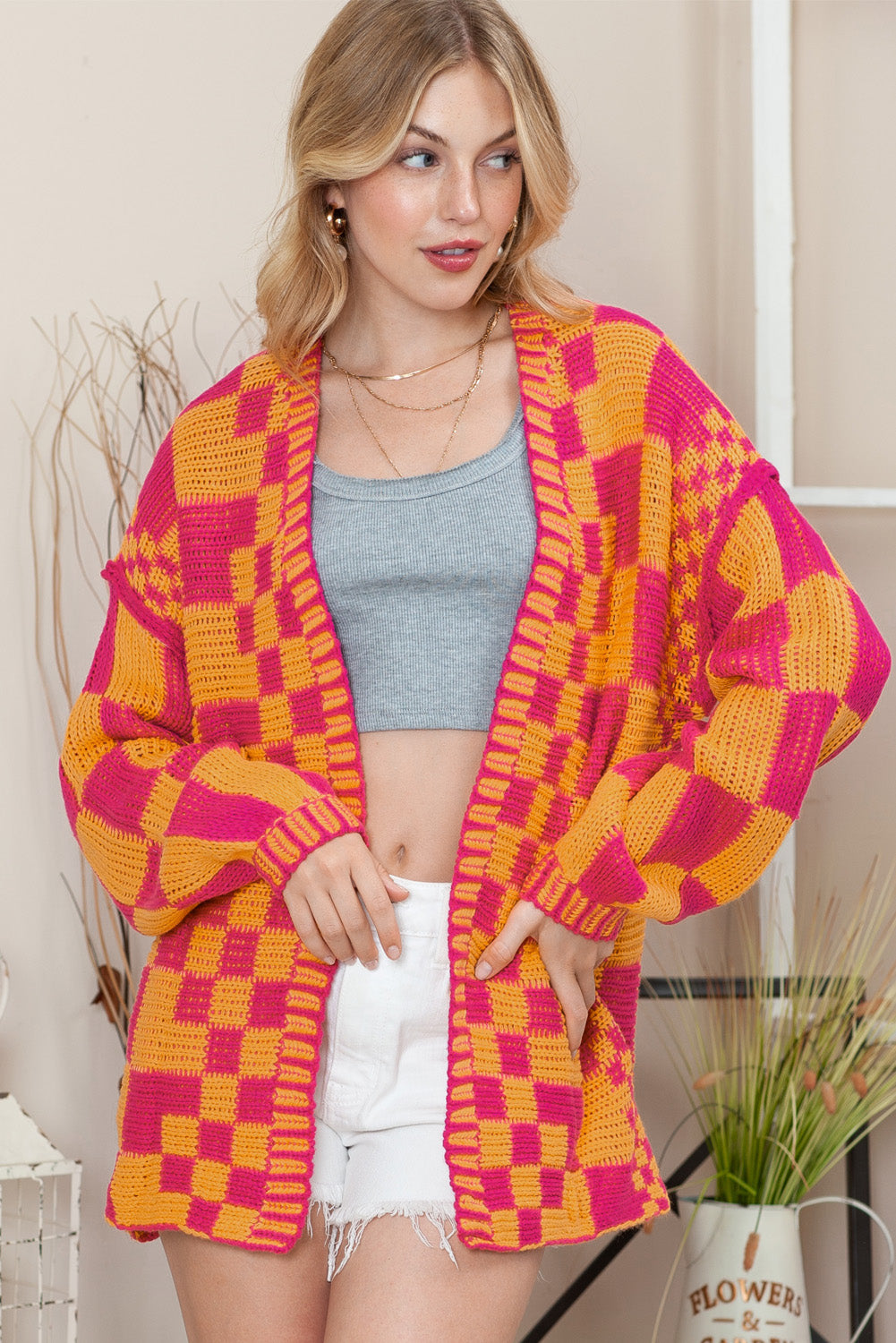 Orchid Petal Colorblock Checked Open Front Knitted Cardigan