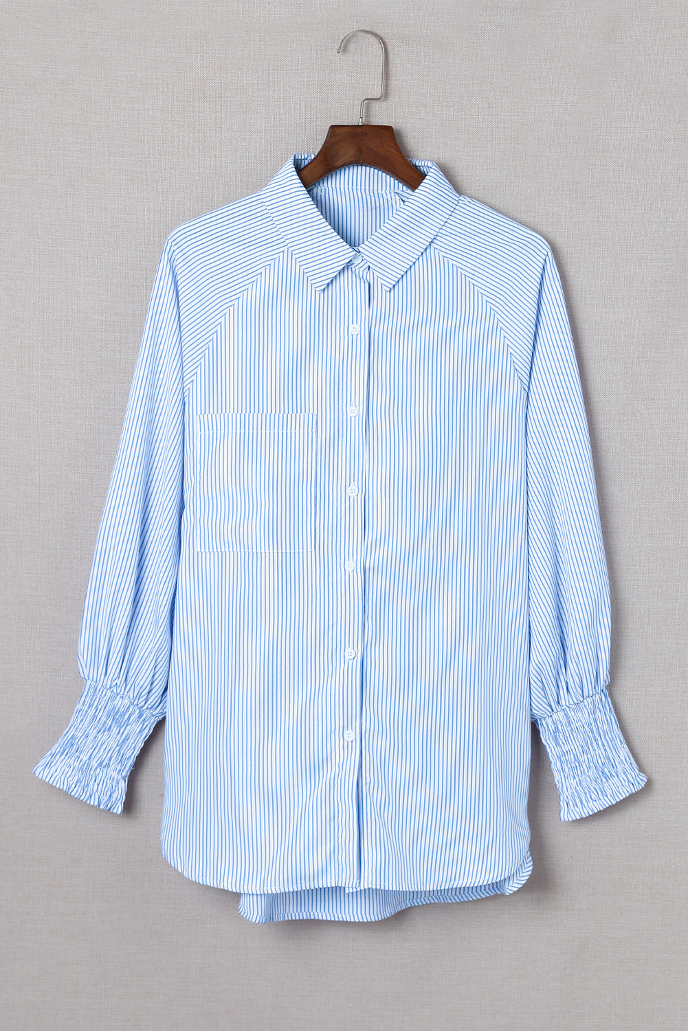 Light Blue Striped Casual Shirred Cuffs Shirt