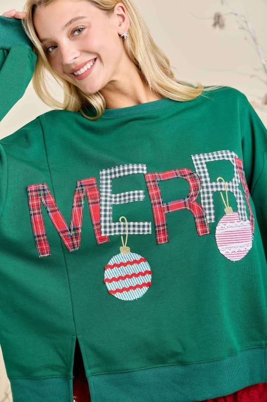 Merry With Ornament Patchwork Oversized Long Sleeve Top