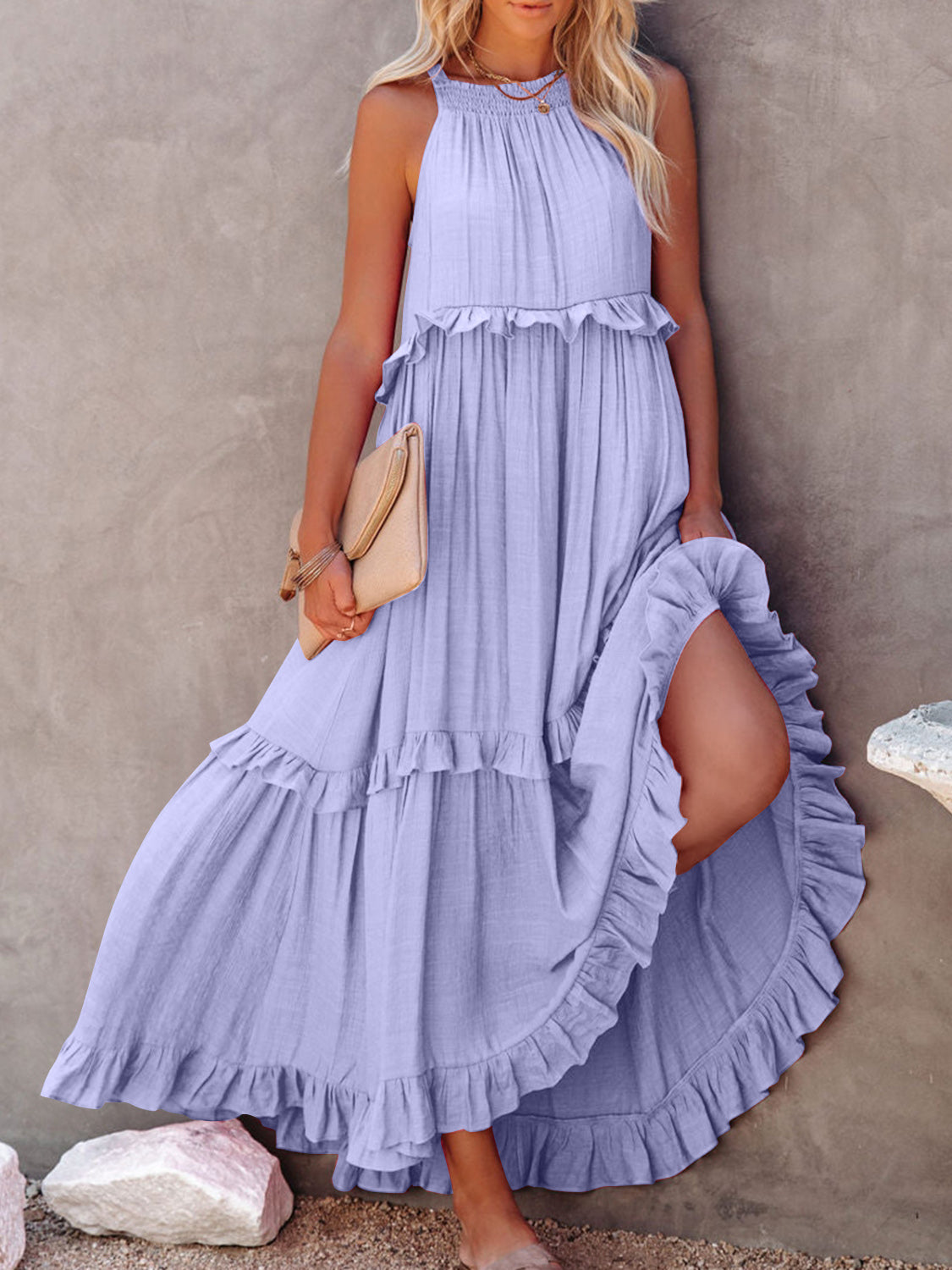 Ruffled Sleeveless Maxi Dress with Pockets