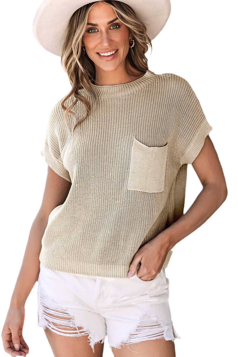 Pale Khaki Patch Pocket Short Sleeve Sweater