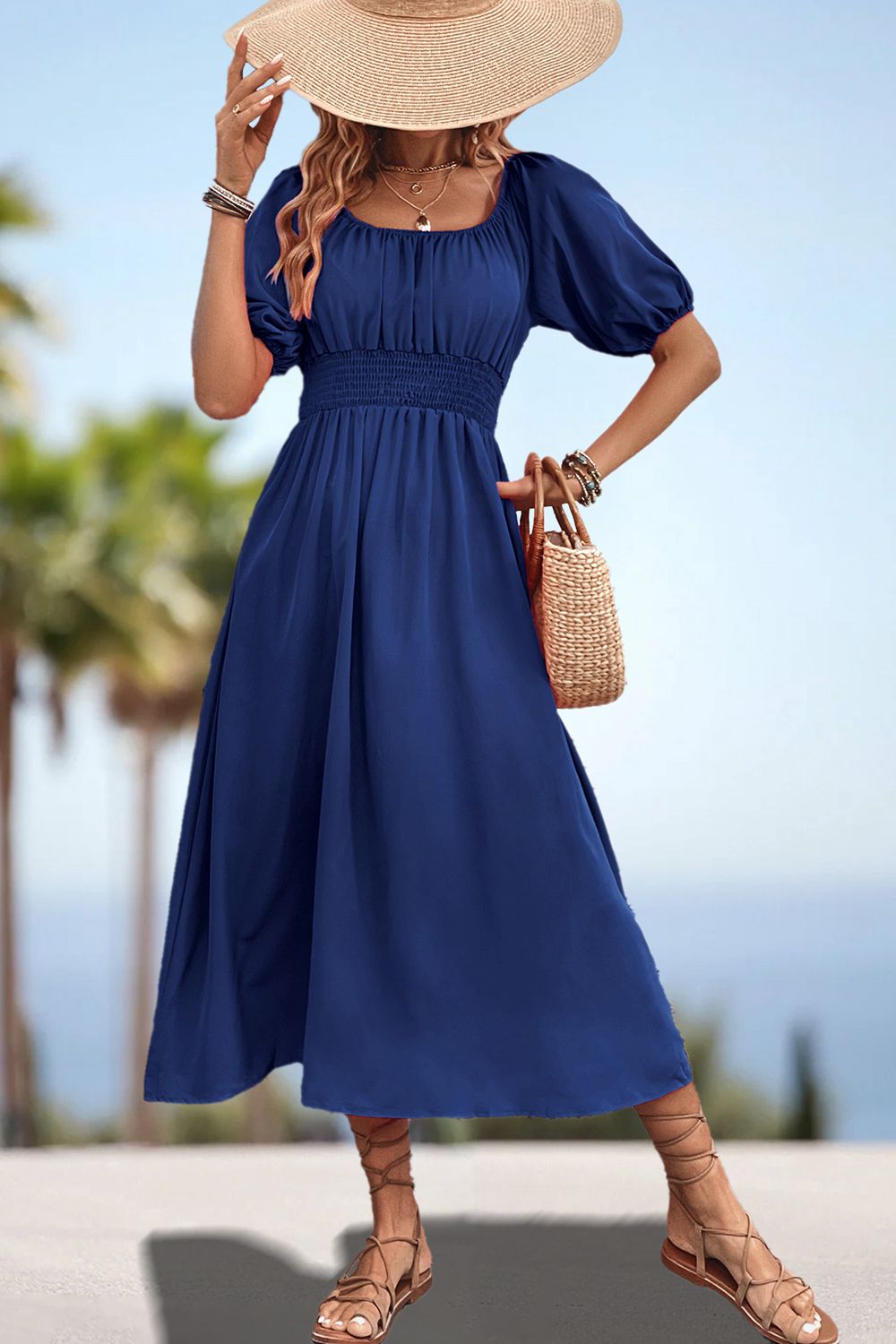 Square Neck Smocked Waist Puff Sleeve Midi Dress