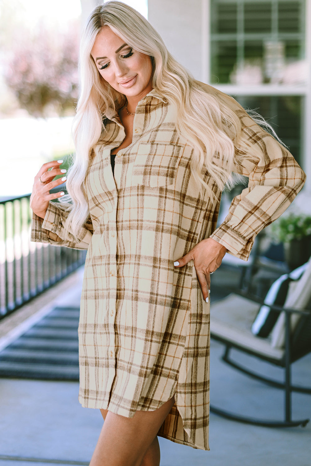 Khaki Plaid Pattern Collared Neck Ruffled Sleeve Shirt Dress