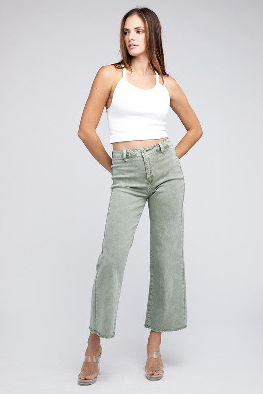 Acid Wash Frayed Cutoff Hem Straight Wide Pants Zenana