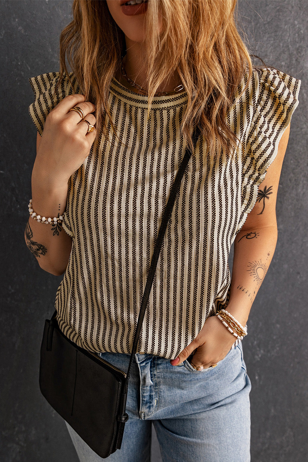 Grey Casual Striped Print Ruffle Summer Top