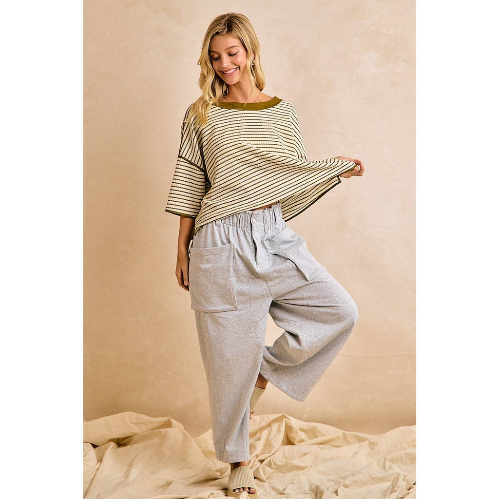 WAFFLE STRIPE WITH BINDING DETAIL RELAXED FIT TOP