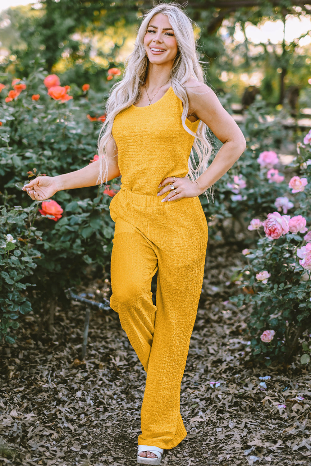 Black Crinkled U Neck Tank Top and Wide Leg Pants Set