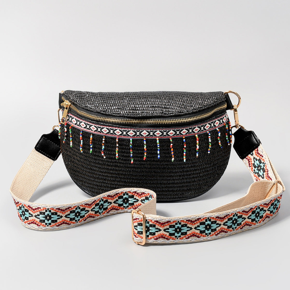 Bead Trim Straw Weave Crossbody Bag