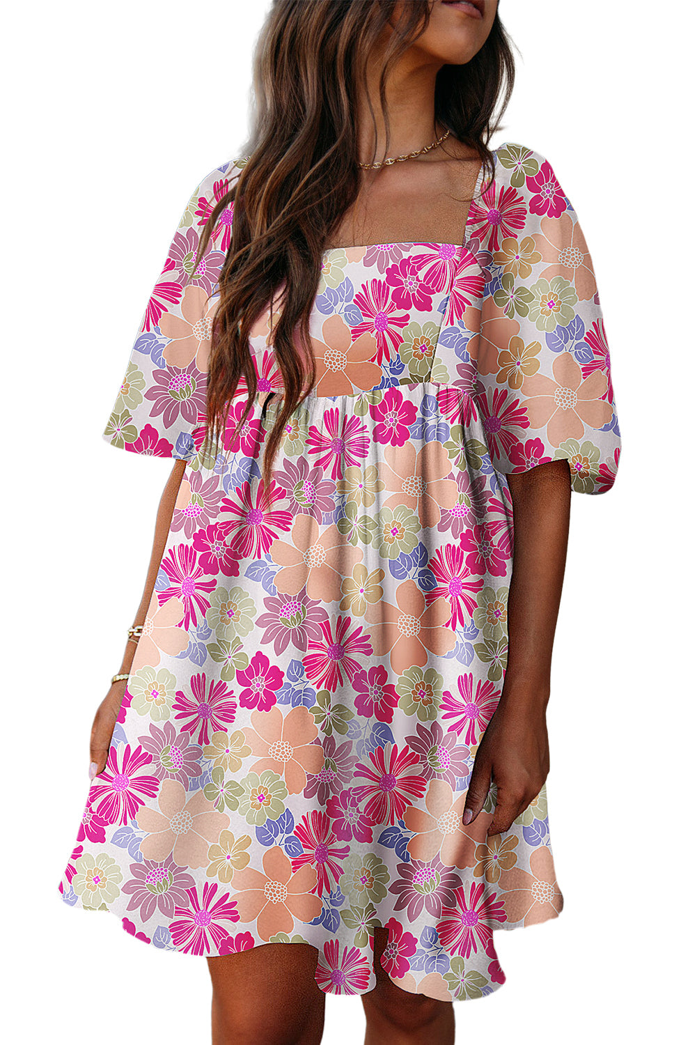 Pink Summer Floral Square Neck Puff Sleeve Babydoll Dress