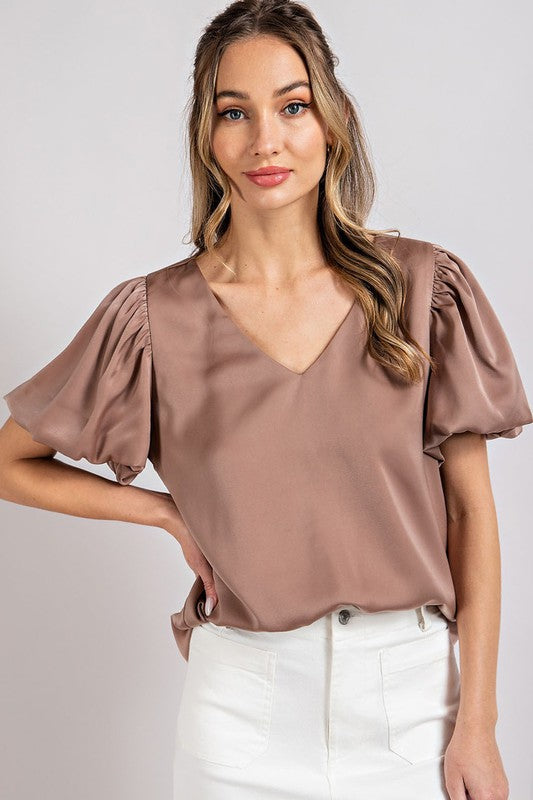 V-NECK PUFF SLEEVE SATIN BLOUSE