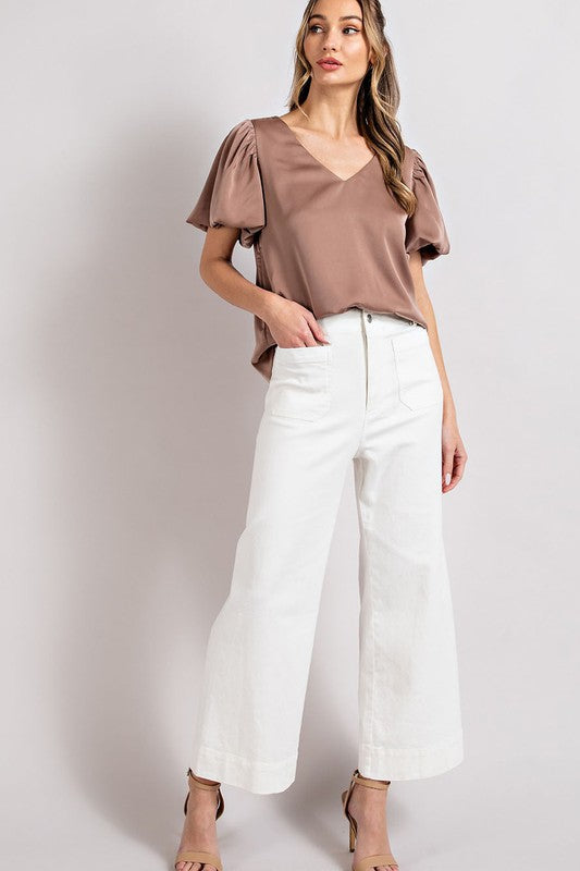 V-NECK PUFF SLEEVE SATIN BLOUSE