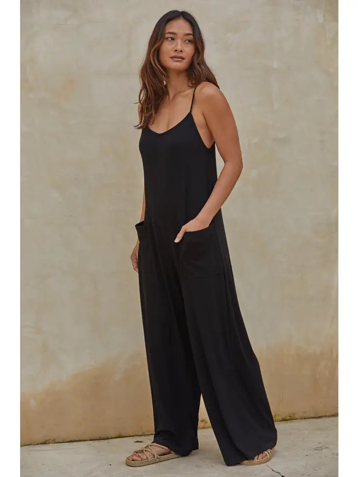 Wide Leg Jumpsuit with Front Pockets Shoulder Strap Back Neck Tie Strap