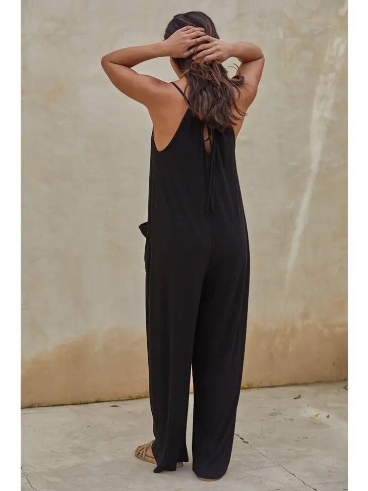 Wide Leg Jumpsuit with Front Pockets Shoulder Strap Back Neck Tie Strap