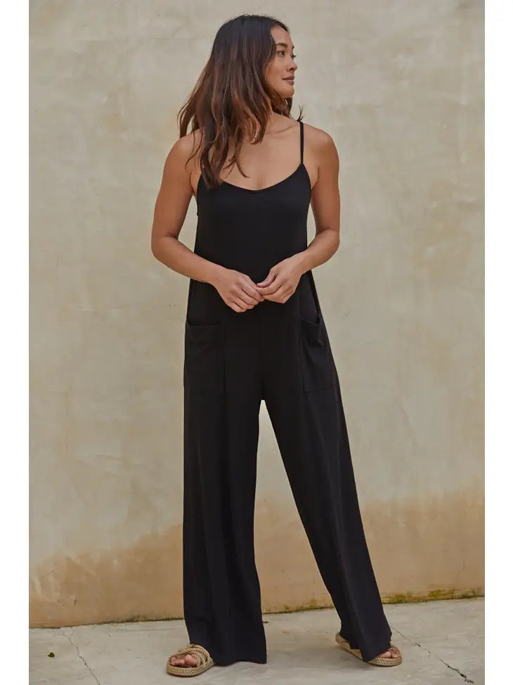 Wide Leg Jumpsuit with Front Pockets Shoulder Strap Back Neck Tie Strap