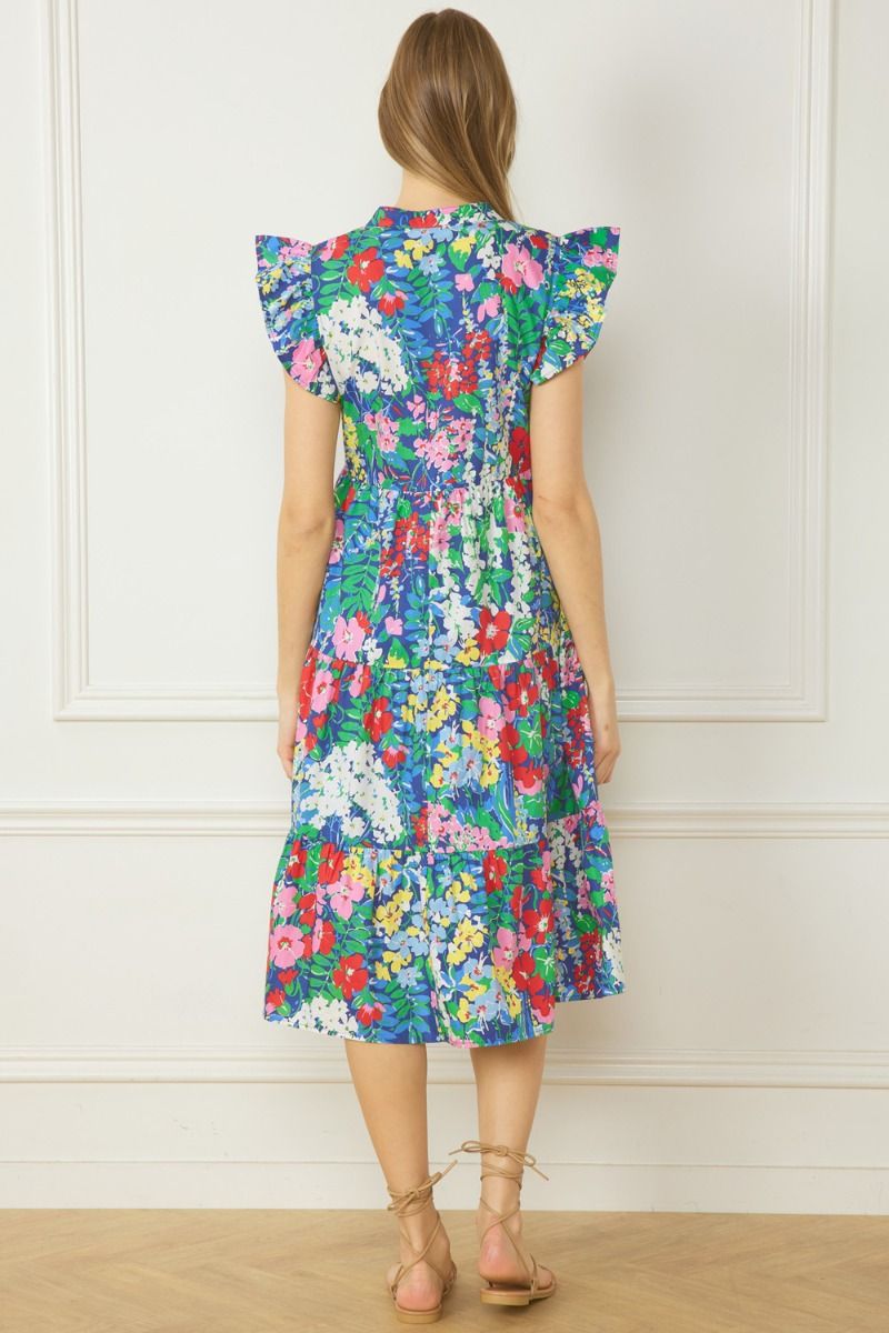 Floral print v-neck ruffle sleeve tiered mini dress. Pockets at side.