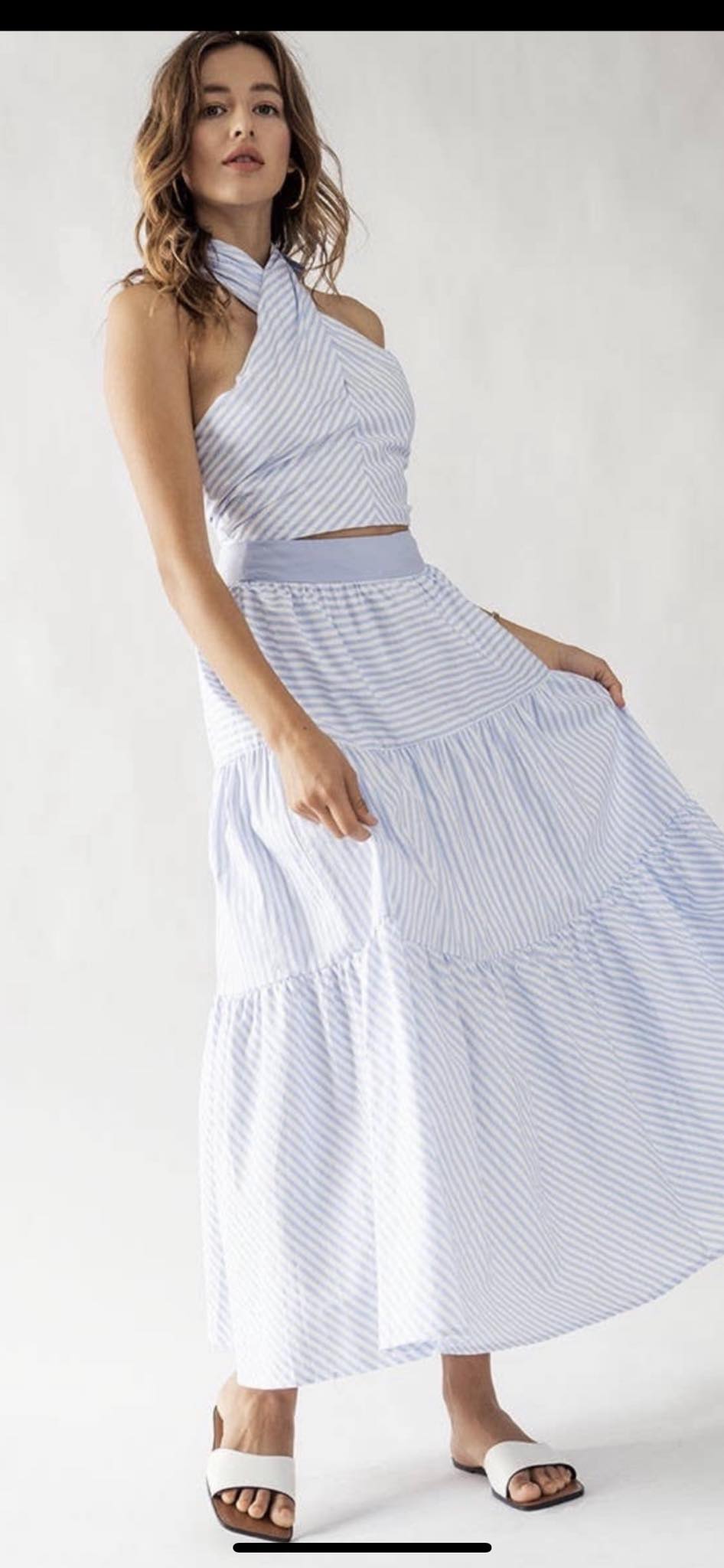 STRIPED CROSS OVER HALTER TANK TIERED SKIRT SET