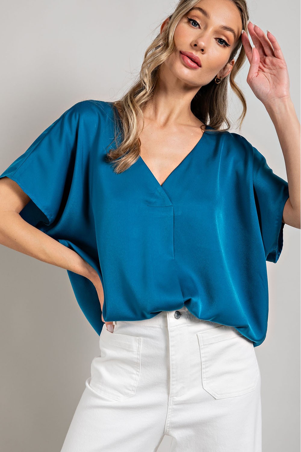 V NECK SATIN SOLID SHORT SLEEVE BLOUSE